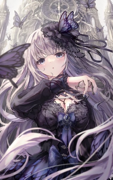 Anime picture 1101x1746 with original missle228 single long hair tall image looking at viewer breasts open mouth blue eyes standing holding cleavage outdoors long sleeves nail polish head tilt grey hair :o puffy sleeves floating hair