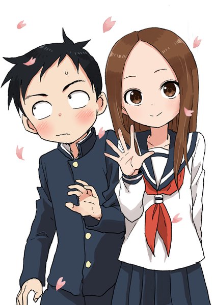 Anime picture 1764x2508 with karakai jouzu no takagi-san takagi-san nishikata yamamoto souichirou long hair tall image blush highres short hair black hair simple background smile brown hair white background brown eyes upper body waving girl boy uniform