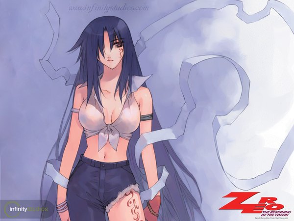 Anime picture 1600x1200 with long hair fringe highres brown eyes blue hair very long hair hair over one eye midriff tattoo wallpaper torn clothes single pantsleg