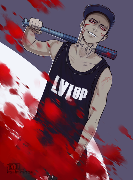 Anime picture 737x1000 with original kyoux (artist) single tall image open mouth smile red eyes standing tattoo blood stains boy blood baseball bat