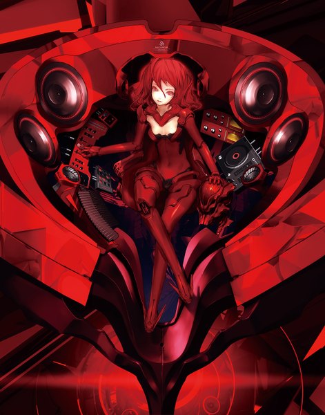 Anime picture 1258x1600 with original redjuice single long hair tall image light erotic red eyes sitting cleavage red hair scan crossed legs covered navel girl bodysuit helmet armchair pilot suit amplifier mixing console