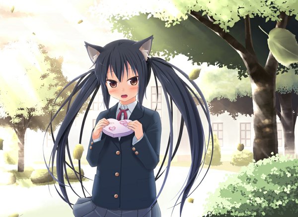Anime picture 1000x731 with k-on! kyoto animation nakano azusa amamiya minato long hair blush open mouth black hair twintails brown eyes animal ears cat ears cat girl girl uniform plant (plants) school uniform tree (trees)