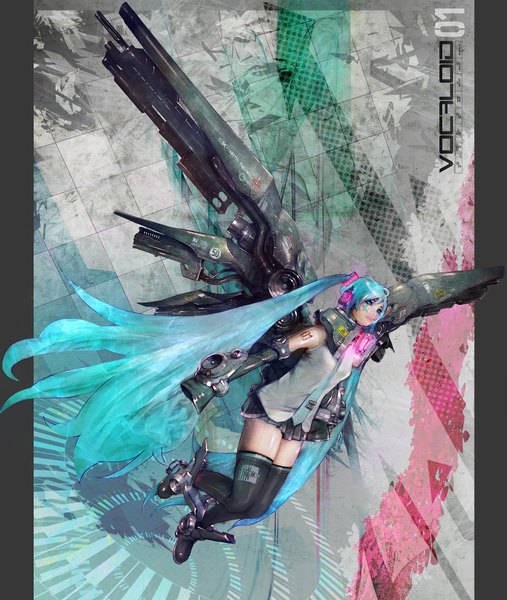 Anime picture 1690x2000 with vocaloid hatsune miku noboundary (artist) tall image very long hair aqua eyes lips aqua hair mechanical wings mechanical parts girl thighhighs skirt detached sleeves wings necktie headphones star (stars) android