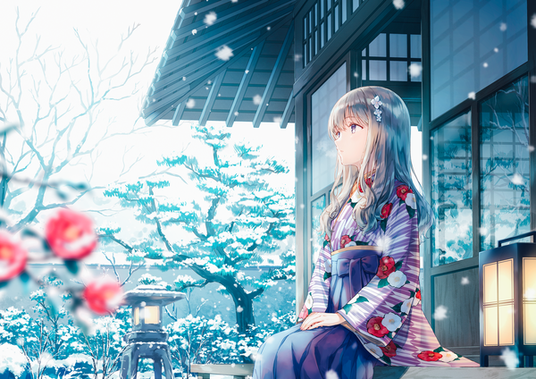 Anime-Bild 1200x848 mit original hiten (hitenkei) single long hair fringe brown hair sitting brown eyes payot looking away long sleeves traditional clothes japanese clothes pleated skirt hair flower blurry wide sleeves depth of field floral print snowing