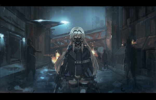 Anime picture 1920x1232 with girls frontline an-94 (girls frontline) mai (xskdizzy) long hair fringe highres holding looking away cloud (clouds) aqua eyes grey hair blurry hair over one eye night wet night sky city letterboxed rain city lights