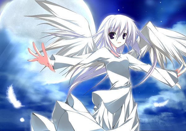 Anime picture 3035x2149 with nanahosi seiiki (artist) single long hair highres purple eyes absurdres sky cloud (clouds) white hair night sky spread arms angel wings girl wings moon star (stars) feather (feathers) full moon