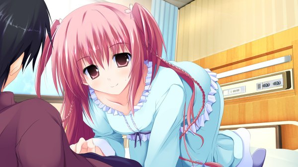 Anime picture 1280x720 with sakura no sora to kimi no koto sakuno kanata long hair smile red eyes wide image twintails pink hair game cg braid (braids) short twintails girl pajamas