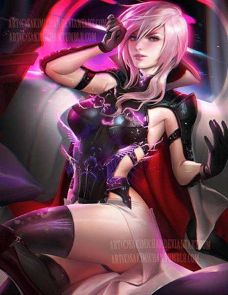 Anime picture 695x900 with final fantasy final fantasy xiii square enix lightning farron sakimichan single long hair tall image blue eyes light erotic signed pink hair realistic lipstick watermark makeup popped collar bad proportions girl thighhighs