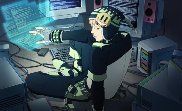 Anime picture 2048x1246 with dramatical murder nitro+chiral noiz (dmmd) honya lala single highres short hair blonde hair wide image sitting looking back piercing bandage (bandages) cap wire (wires) computer