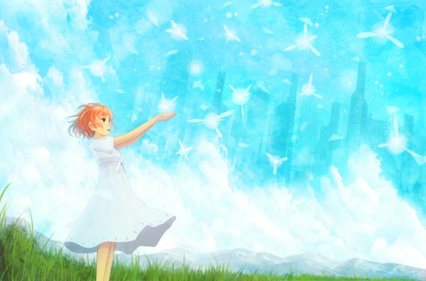 Anime picture 1900x1250 with original bounin single highres short hair open mouth standing brown eyes sky cloud (clouds) profile orange hair arms up short sleeves city mountain girl dress plant (plants) white dress