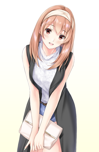 Anime picture 754x1160 with original n69 single long hair tall image looking at viewer blush fringe breasts open mouth simple background smile hair between eyes red eyes brown hair standing holding nail polish head tilt fingernails