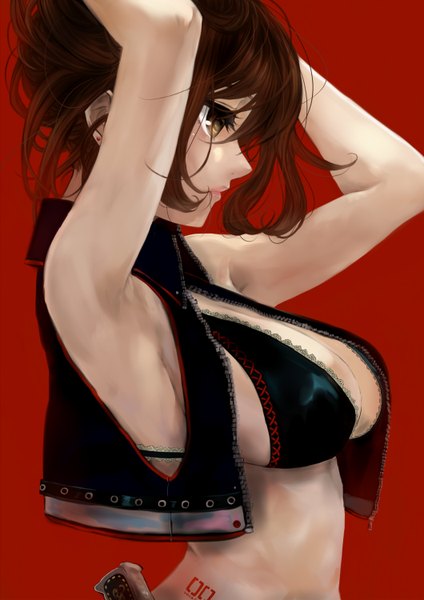 Anime picture 1060x1500 with vocaloid meiko pisuke tall image short hair breasts light erotic brown hair large breasts brown eyes lips armpit (armpits) sideboob red background girl vest bikini top