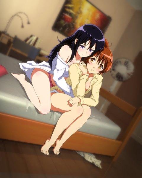 Anime picture 960x1200 with hibike! euphonium kyoto animation kousaka reina oumae kumiko sbel02 long hair tall image blush fringe short hair light erotic black hair smile brown hair sitting purple eyes multiple girls brown eyes indoors barefoot