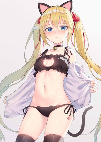 Anime picture 643x900 with original alexmaster single tall image looking at viewer blush fringe breasts blue eyes light erotic simple background blonde hair hair between eyes standing twintails animal ears payot tail very long hair animal tail