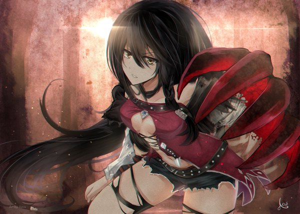 Anime picture 1792x1280 with tales of (series) tales of berseria velvet crowe aeus single long hair looking at viewer fringe highres light erotic black hair hair between eyes standing signed yellow eyes braid (braids) parted lips bare belly floating hair torn clothes