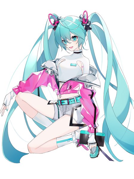 Anime picture 1123x1500 with vocaloid solwa hatsune miku heridy single tall image fringe simple background hair between eyes white background twintails full body very long hair nail polish aqua eyes aqua hair off shoulder squat aqua nail polish girl
