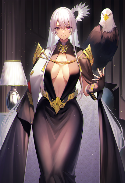 Anime picture 2396x3508 with azur lane enterprise (azur lane) enterprise (heroic finery) (azur lane) yamanokami eaka single tall image looking at viewer fringe highres breasts light erotic smile hair between eyes large breasts standing payot white hair indoors very long hair pink eyes
