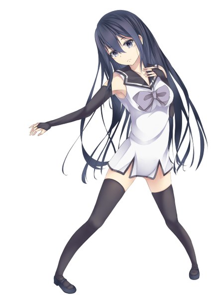 Anime picture 937x1250 with gokukoku no brynhildr arms corporation kuroha neko inushi single long hair tall image looking at viewer fringe standing purple eyes purple hair zettai ryouiki girl thighhighs dress bow black thighhighs detached sleeves shoes