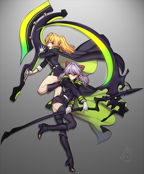 Anime picture 800x966 with owari no seraph wit studio hiiragi shinoa sanguu mitsuba rod4817 rod (rod4817) long hair tall image looking at viewer fringe open mouth blue eyes light erotic simple background blonde hair smile hair between eyes standing twintails multiple girls