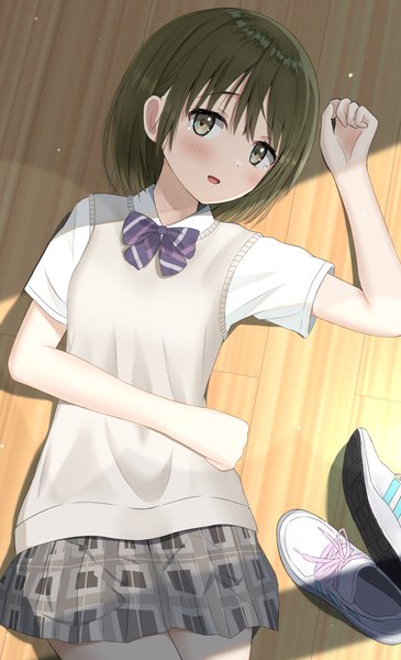 Anime picture 2258x3710 with idolmaster idolmaster shiny colors nanakusa nichika cpk prd single tall image looking at viewer blush highres short hair open mouth brown hair brown eyes indoors lying on back plaid skirt shoes removed girl skirt