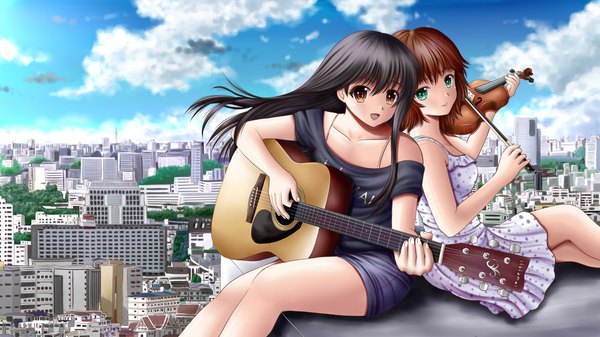 Anime picture 1920x1080 with ilolamai highres short hair open mouth black hair brown hair wide image multiple girls brown eyes green eyes sky cloud (clouds) city girl 2 girls sundress guitar violin bow (instrument)
