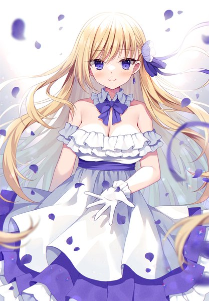 Anime-Bild 700x1008 mit original mauve single long hair tall image looking at viewer blush breasts blonde hair smile standing purple eyes cleavage floating hair girl dress gloves petals white gloves detached collar