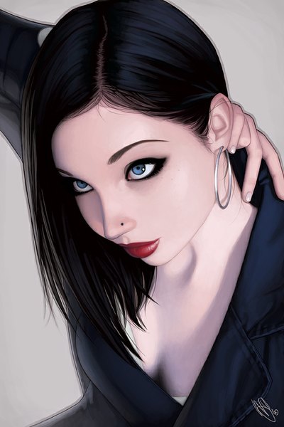 Anime picture 553x829 with warrenlouw single long hair tall image blue eyes black hair simple background signed lips realistic grey background piercing girl earrings hoop earrings