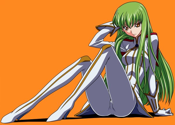 Anime picture 2789x2000 with code geass sunrise (studio) c.c. single long hair fringe highres light erotic simple background sitting yellow eyes payot full body bent knee (knees) long sleeves green hair hand on head vector orange background girl