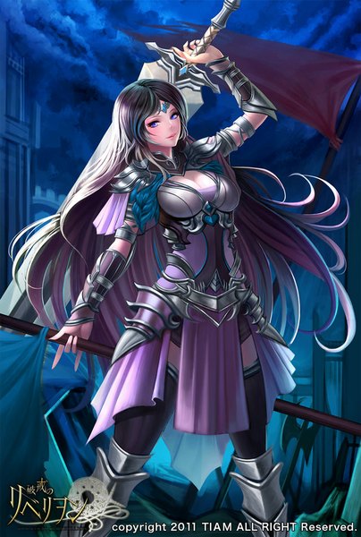 Anime-Bild 640x950 mit violation of rebellion (game) rebellion single long hair tall image looking at viewer blush breasts blue eyes smile brown hair standing holding cleavage night night sky copyright name girl thighhighs weapon