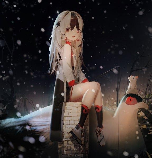 Anime picture 2800x2917 with arknights snowsant (arknights) leiq single long hair tall image looking at viewer fringe highres open mouth hair between eyes red eyes brown hair sitting full body bent knee (knees) white hair long sleeves looking back multicolored hair