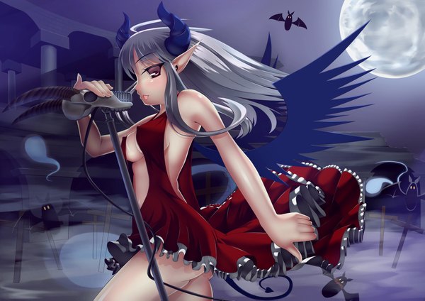 Anime picture 2047x1447 with original totto long hair highres breasts open mouth light erotic bare shoulders brown eyes profile horn (horns) pointy ears grey hair night ghost girl dress animal wings moon