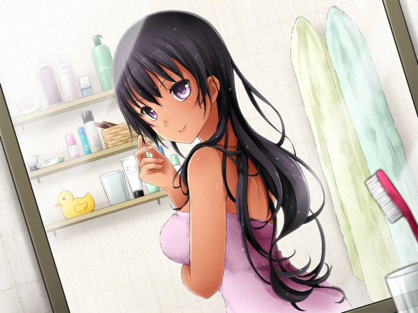 Anime picture 2400x1800 with hunie pop kyanna delrio pinguin-kotak single long hair highres light erotic black hair smile bare shoulders pink eyes steam naked towel girl towel glass bathroom rubber duck toothbrush