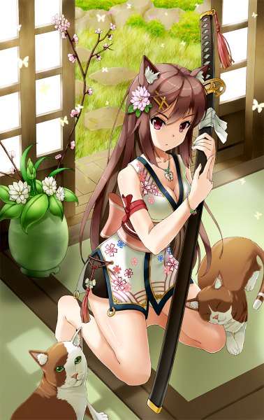 Anime picture 756x1200 with original s-goon long hair tall image red eyes brown hair animal ears traditional clothes cat ears cat girl girl hair ornament flower (flowers) weapon animal sword katana cat whiskers