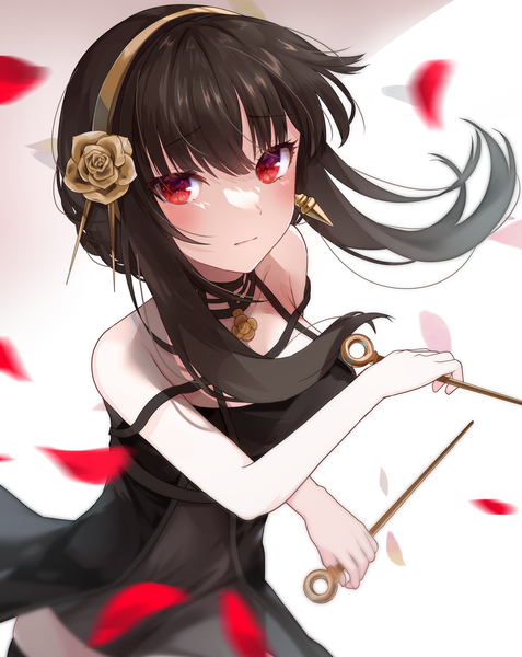Anime picture 3240x4072 with spy x family yor briar fuyoyo single long hair tall image looking at viewer highres black hair red eyes absurdres girl dress weapon earrings petals black dress headband