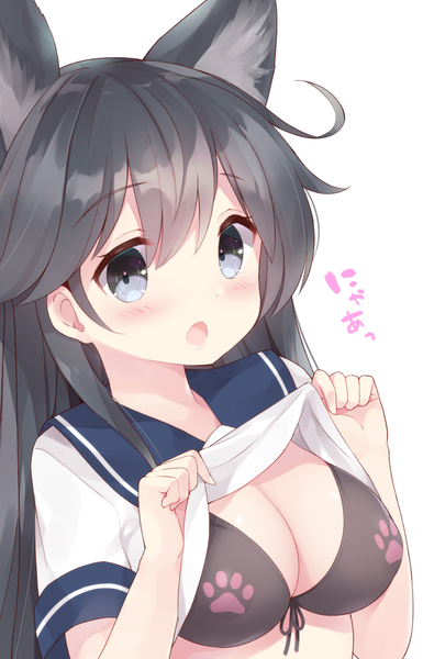 Anime picture 642x1000 with kantai collection ushio destroyer watanohara single long hair tall image looking at viewer fringe breasts open mouth blue eyes light erotic black hair simple background hair between eyes white background animal ears ahoge upper body cat ears