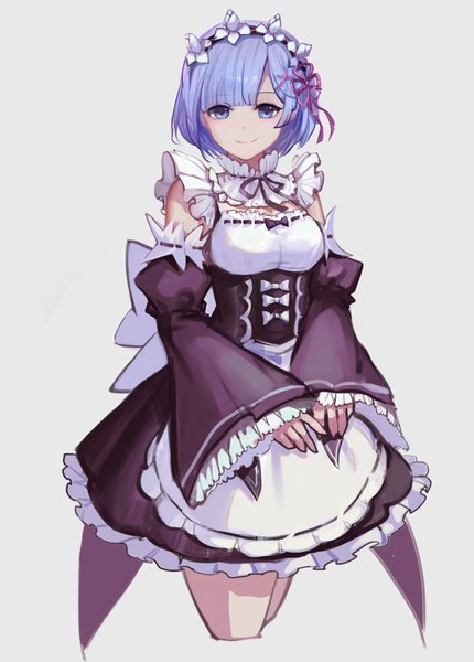 Anime picture 2288x3195 with re:zero kara hajimeru isekai seikatsu white fox rem (re:zero) kirbyheimi single tall image looking at viewer fringe highres short hair blue eyes simple background smile blue hair grey background maid girl uniform detached sleeves headdress