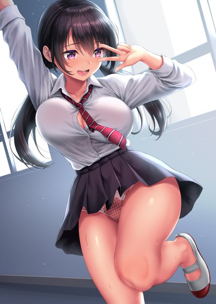 Anime picture 2976x4175 with original kase daiki single long hair tall image blush fringe highres breasts open mouth light erotic black hair smile hair between eyes large breasts purple eyes twintails looking away arm up sweat