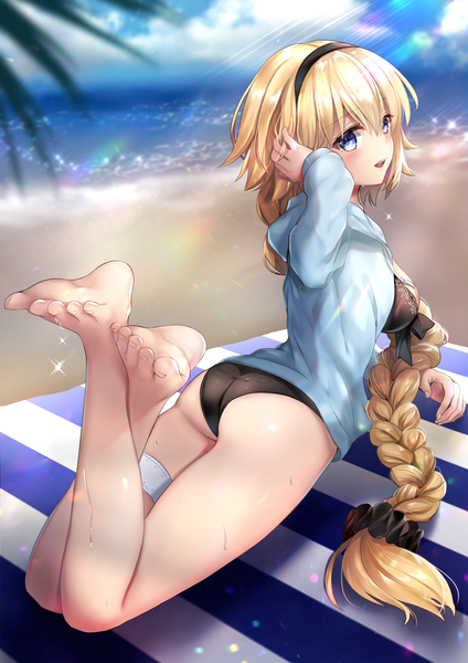 Anime picture 2894x4093 with fate (series) fate/grand order jeanne d'arc (fate) (all) jeanne d'arc (swimsuit archer) hane yuki single long hair tall image looking at viewer blush fringe highres breasts open mouth blue eyes light erotic blonde hair hair between eyes full body ass