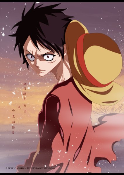 Anime picture 1100x1556 with one piece toei animation monkey d. luffy akira-12 single tall image short hair black hair brown eyes sky cloud (clouds) looking back coloring torn clothes hieroglyph snowing letterboxed scar winter snow