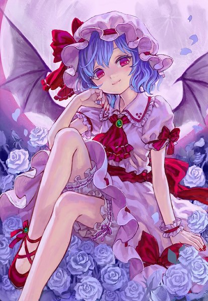 Anime picture 727x1053 with touhou remilia scarlet ama-tou single tall image looking at viewer blush short hair smile red eyes sitting nail polish bat wings red nail polish girl dress flower (flowers) petals wings rose (roses)