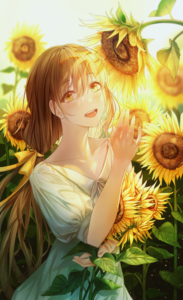 Anime picture 1000x1637 with original lium single long hair tall image looking at viewer blush fringe open mouth smile hair between eyes brown hair standing twintails holding yellow eyes :d arm up sunlight puffy sleeves