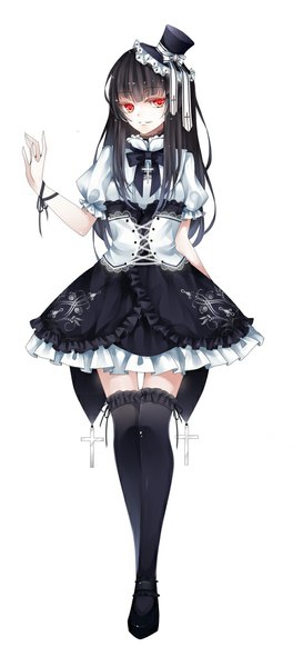 Anime picture 500x1135 with original stari single long hair tall image looking at viewer black hair simple background red eyes white background girl thighhighs dress black thighhighs hat