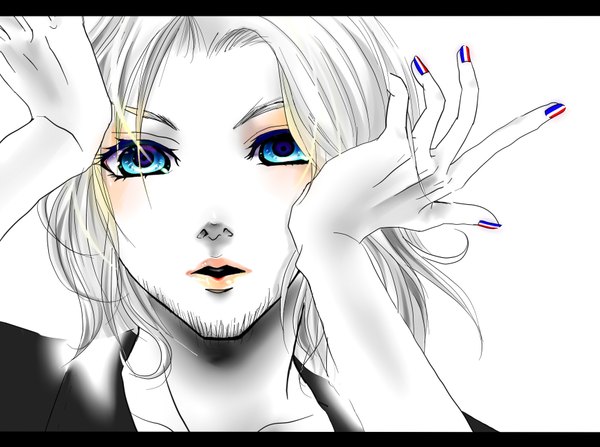 Anime picture 1743x1300 with axis powers hetalia studio deen migikata no chou (vocaloid) france (hetalia) highres short hair open mouth simple background white background nail polish multicolored hair monochrome multicolored eyes boy