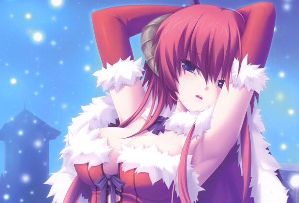 Anime picture 2448x1664 with kamidori alchemy meister ragsmuena single long hair looking at viewer fringe highres open mouth blue eyes light erotic red hair horn (horns) armpit (armpits) fur trim snowing christmas winter snow girl gloves