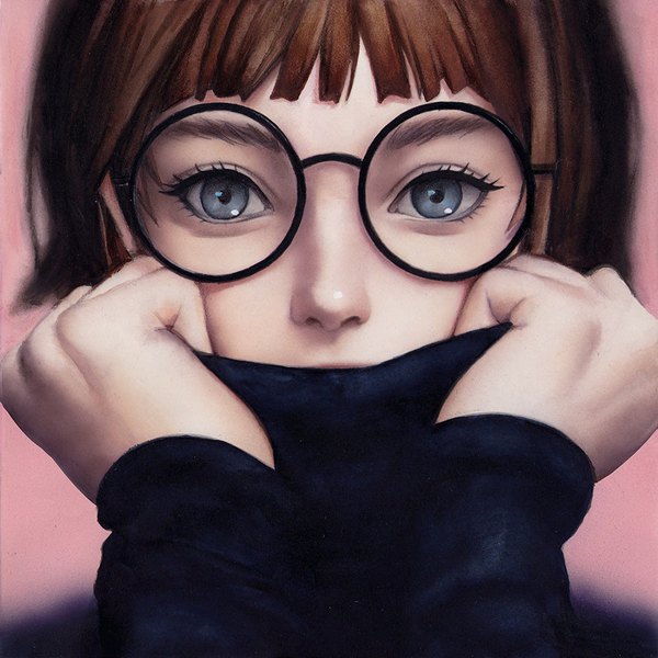 Anime picture 900x900 with original laovaan single looking at viewer fringe short hair blue eyes simple background brown hair blunt bangs long sleeves realistic pink background covered mouth makeup girl glasses sweater