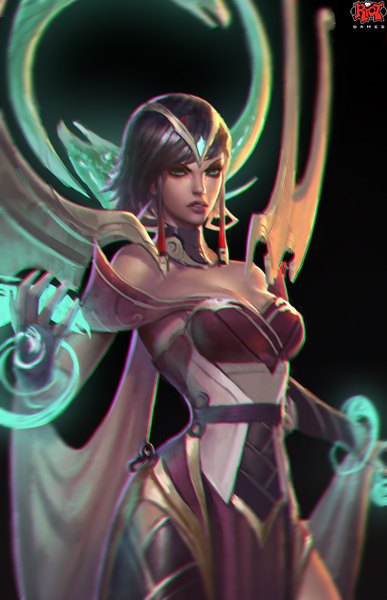 Anime picture 1695x2625 with league of legends karma (league of legends) paul (shiramune) single tall image short hair breasts blue eyes black hair simple background bare shoulders lips realistic black background girl dress