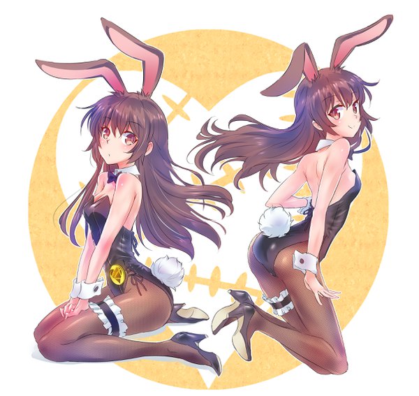 Anime picture 2412x2280 with rwby rooster teeth velvet scarlatina iesupa long hair looking at viewer highres light erotic smile brown hair sitting multiple girls brown eyes animal ears full body tail animal tail high heels bunny ears wariza