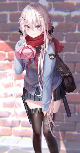 Anime-Bild 2000x3800 mit girls frontline 9a-91 (girls frontline) pottsness single long hair tall image looking at viewer blush fringe highres blue eyes smile hair between eyes holding silver hair long sleeves pleated skirt zettai ryouiki sleeves past wrists anaglyph