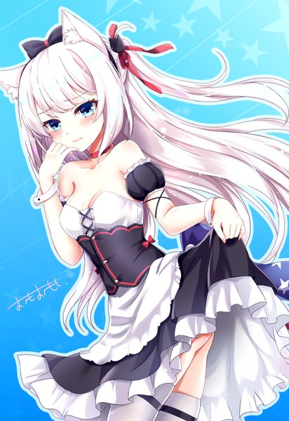 Anime picture 1080x1570 with azur lane hammann (azur lane) omoomomo single long hair tall image looking at viewer blush fringe breasts blue eyes light erotic simple background standing bare shoulders signed animal ears cleavage white hair blunt bangs
