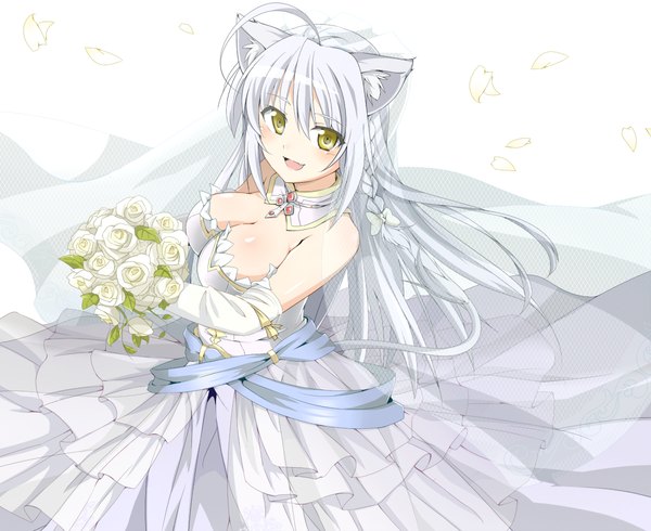 Anime picture 1100x900 with dog days leonmitchelli galette des rois mobu (nonoichi) single long hair looking at viewer breasts open mouth smile animal ears yellow eyes white hair side braid girl dress gloves flower (flowers) petals elbow gloves wedding dress